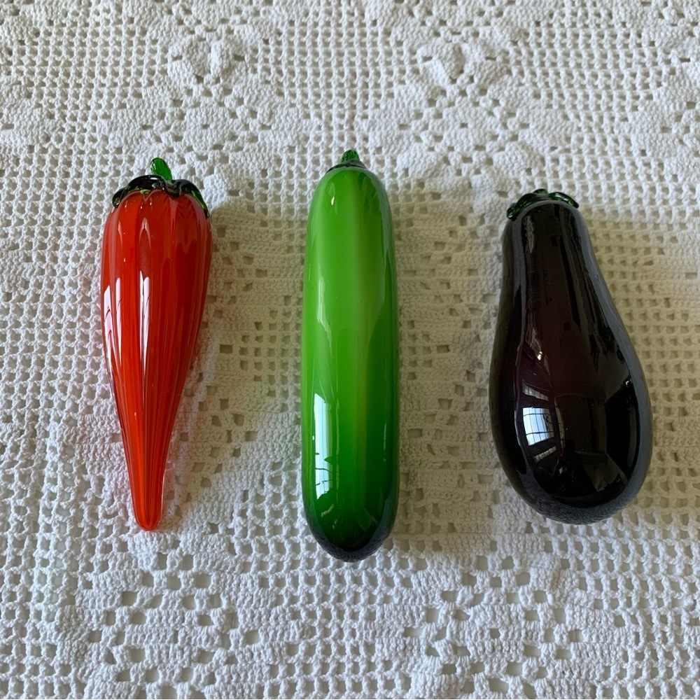 Vintage Murano Style Handblown Glass Vegetable Trio - Pepper, Zucchini, Eggplant